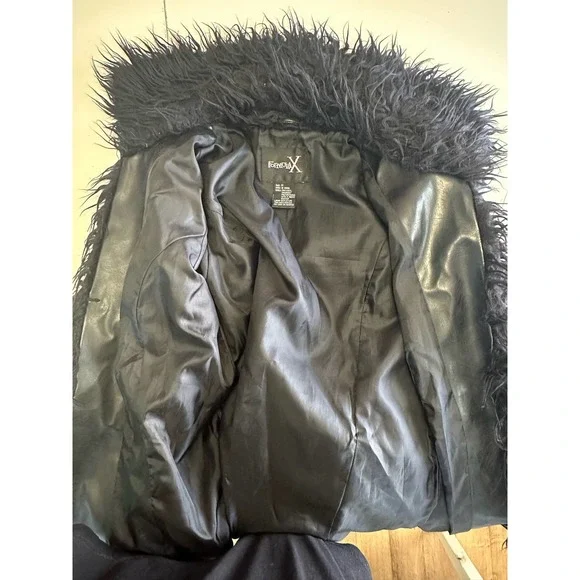 Vintage Y2K Formula X Penny lane all black coat size M faux leather fur Goth - Picture 6 of 13